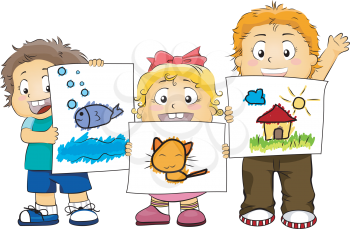 Royalty Free Clipart Image of Children Showing Their Artwork