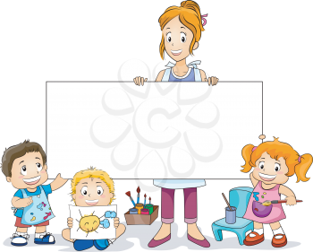 Royalty Free Clipart Image of a Teacher and Students With Artwork and a Blank Sign