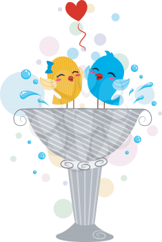 Royalty Free Clipart Image of Lovebirds in a Birdbath