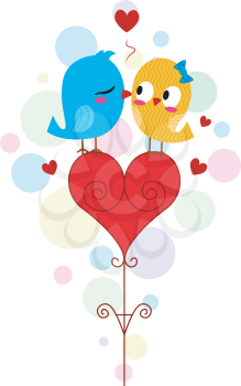 Royalty Free Clipart Image of a Bluebird Kissing a Yellow Bird