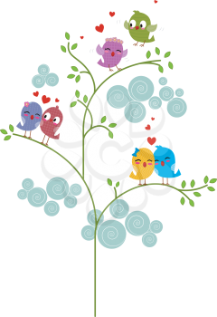 Royalty Free Clipart Image of Three Pairs of Lovebirds in a Tree