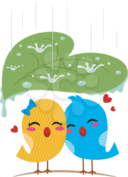 Royalty Free Clipart Image of Lovebirds Under a Leaf in the Rain