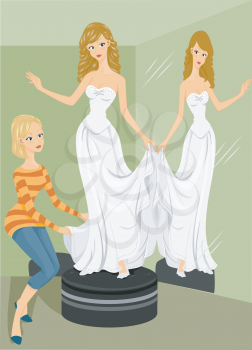 Royalty Free Clipart Image of a Woman Assisting a Bride With Trying on a Gown