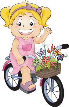 Royalty Free Clipart Image of a Girl on a Bicycle With Flowers in a Basket