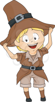 Royalty Free Clipart Image of a Boy Dressed in a Pilgrim Costume