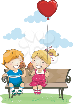 Royalty Free Clipart Image of a Boy and Girl Eating Ice Cream in a Park
