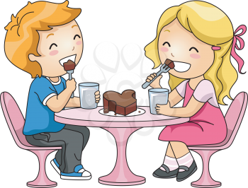 Royalty Free Clipart Image of Two Children Eating Chocolate Cake