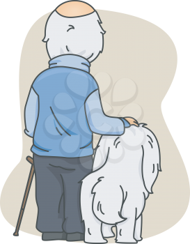 Royalty Free Clipart Image of an Old Man and His Dog From the Back