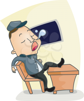 Royalty Free Clipart Image of a Guard Sleeping at a Desk