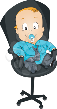 Royalty Free Clipart Image of a Baby Wearing a Tie and Sitting in an Office Chair