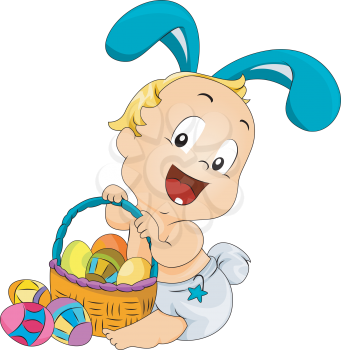 Royalty Free Clipart Image of a Baby in Rabbit Ears With a Basket of Eggs