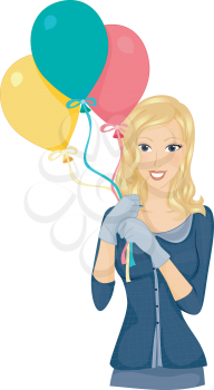 Royalty Free Clipart Image of a Smiling Lady With Balloons