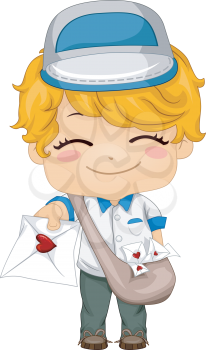 Royalty Free Clipart Image of a Boy Handing Out Valentines as a Mailman