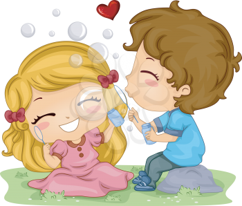 Royalty Free Clipart Image of a Little Boy and Girl Blowing Bubbles