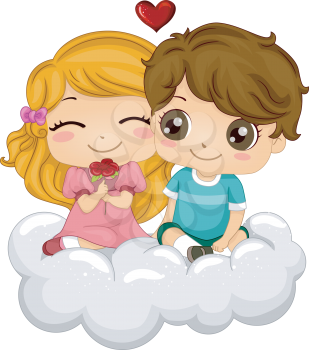 Royalty Free Clipart Image of Two Children on a Cloud