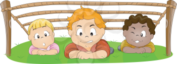 Royalty Free Clipart Image of Children Under a Wooden Frame 