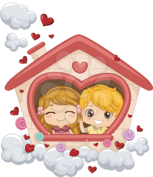 Royalty Free Clipart Image of Kids in a Playhouse