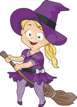 Royalty Free Clipart Image of Little Witch With a Broomstick