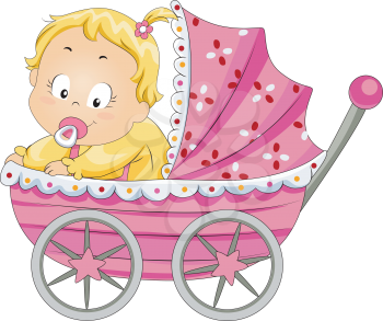 Royalty Free Clipart Image of a Baby Girl in a Pram