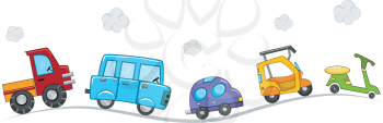 Royalty Free Clipart Image of a Row of Cartoon Vehicles