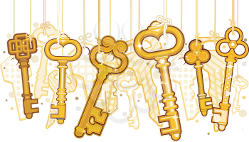 Royalty Free Clipart Image of Gold Keys on Strings