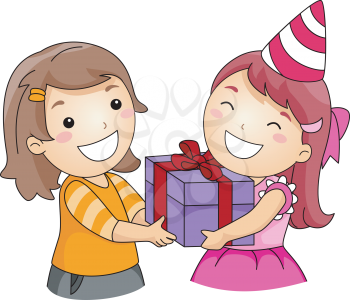 Royalty Free Clipart Image of a Girl Giving a Present to Another Girl