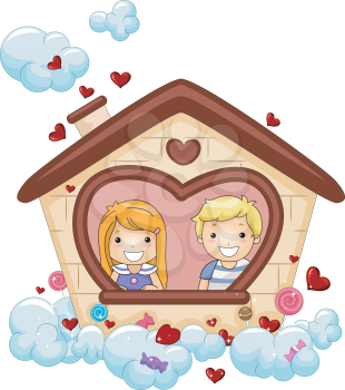 Royalty Free Clipart Image of Children Looking Out of a Romantic House