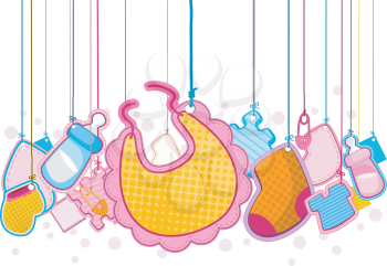 Royalty Free Clipart Image of a Baby Items on a String