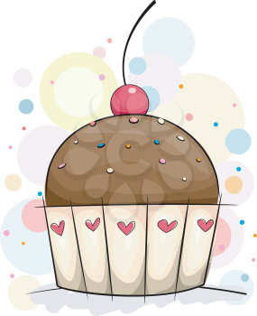 Royalty Free Clipart Image of a Chocolate Cupcake With a Cherry on Top