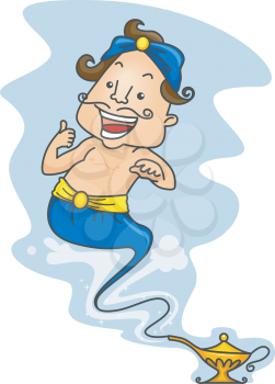 Royalty Free Clipart Image of a Genie in a Lamp