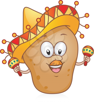 Royalty Free Clipart Image of a Potato in a Sombrero With Maracas