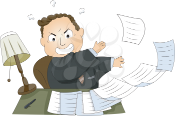 Royalty Free Clipart Image of a Man Pushing Papers Off His Desk