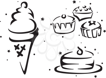 Royalty Free Clipart Image of a Drawings of Cake, Cupcakes and an Ice Cream Cone