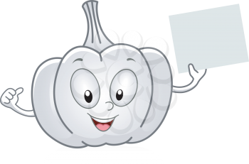Royalty Free Clipart Image of a Garlic Bulb Holding a Blank Sign
