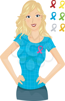 Royalty Free Clipart Image of a GIrl With Assorted Awareness, Ribbons