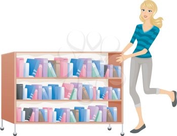 Royalty Free Clipart Image of a Woman Pushing a Library Shelf of Books