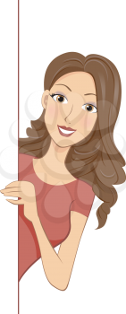 Royalty Free Clipart Image of a Girl Leaning Out From a SIgn