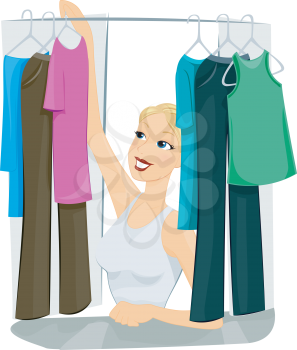 Royalty Free Clipart Image of a Woman Getting Clothes Out of a Closet