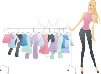 Royalty Free Clipart Image of a Woman Pushing a Rack of Clothes
