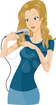 Royalty Free Clipart Image of a Girl Using a Flat Iron