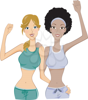 Royalty Free Clipart Image of Two Girls in Exercise Clothes