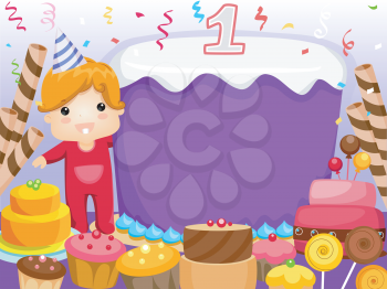 Royalty Free Clipart Image of a Party Invitation With a Baby's First Birthday Cake