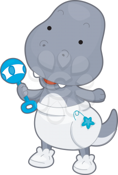 Royalty Free Clipart Image of a Baby T-Rex With a Rattle
