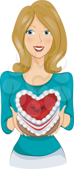 Royalty Free Clipart Image of a Girl Holding a Heart Shaped Cake