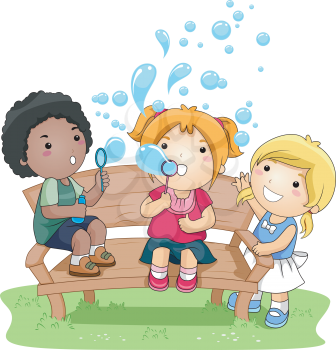 Royalty Free Clipart Image of Children on a Park Bench Blowing Bubbles