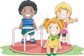 Royalty Free Clipart Image of Kids on a Playground Merry-go-round