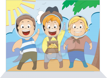 Royalty Free Clipart Image of Three Children in Front of a Lake