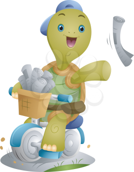 Royalty Free Clipart Image of a Turtle on a Bike Delivering Newspapers