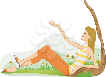 Royalty Free Clipart Image of a Girl Leaning Against a Tree With Her Hand Up