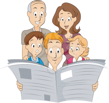 Royalty Free Clipart Image of a Family Reading a Newspaper
